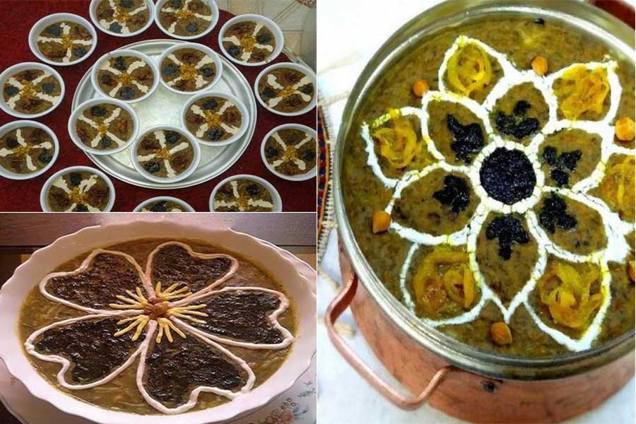  تزئین آش با نعنا داغ، پیاز داغ، سیر داغ، کشک سفید و کشک زرد زعفرونی