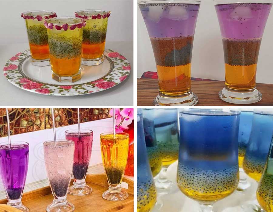 نوشیدنی سرد دو رنگ با تخم شربتی و خاکشیر-نوشیدنی های لاکچری چند رنگ