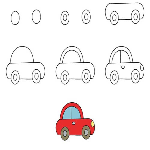 آموزش نقاشی ماشین برای کودکان به صورت گام به گام و تصویری بسیار ساده و بامزه
