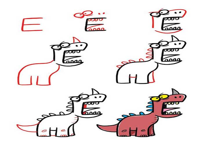 آموزش نقاشی با حروف انگلیسی-آموزش تصویری و مرحله به مرحله نقاشی دایناسور با حرف e