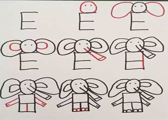 نقاشی فیل-آموزش نقاشی فیل با حرف انگلیسی-آموزش نقاشی فیل برای کودکان 6 ساله