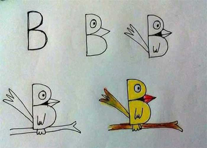 آموزش نقاشی کودکانه-اموزش مرحله به مرحله نقاشی پرنده با حروف انگلیسی به کودکان ۴ساله