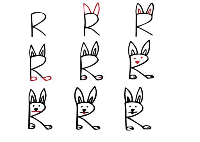 آموزش تصویری نقاشی خرگوش با حروف انگلیسی-آموزش نقاشی مرحله به مرحله با حروف انگلیسی-نقاشی با حرف انگلیسی r