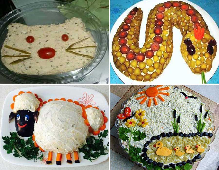 ایده و مدل تزیین سالاد الویه ساده مرغ به شکل مار و گربه و گوسفند و اردک-تزیین بامزه و فانتزی سالاد الویه