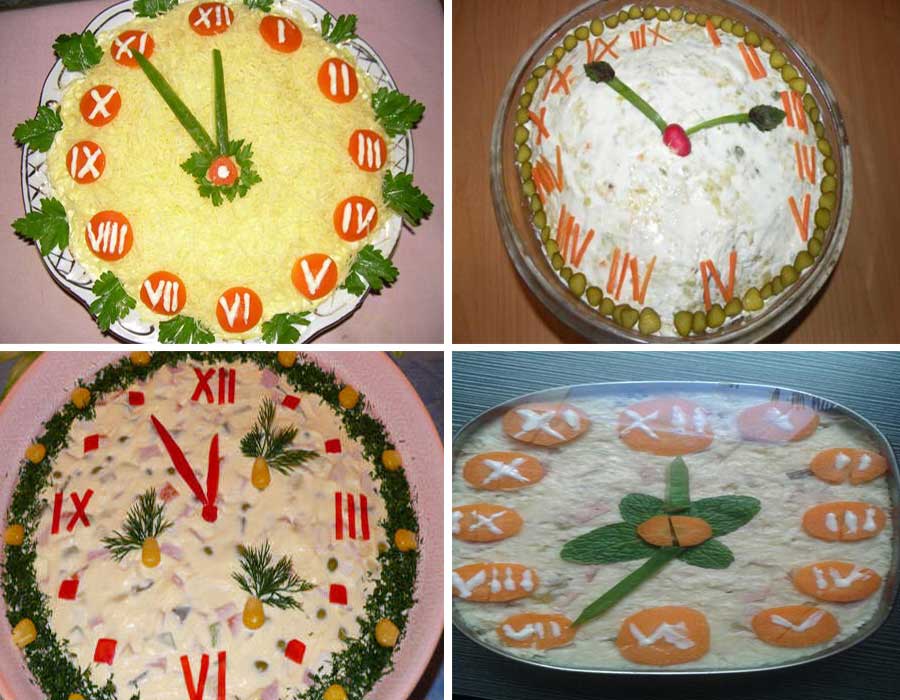 مدل تزئین الویه مرغ به شکل عقربه های ساعت برای تولد دخترانه و مهمانی-طرز تهیه سالاد الویه مجلسی با مرغ