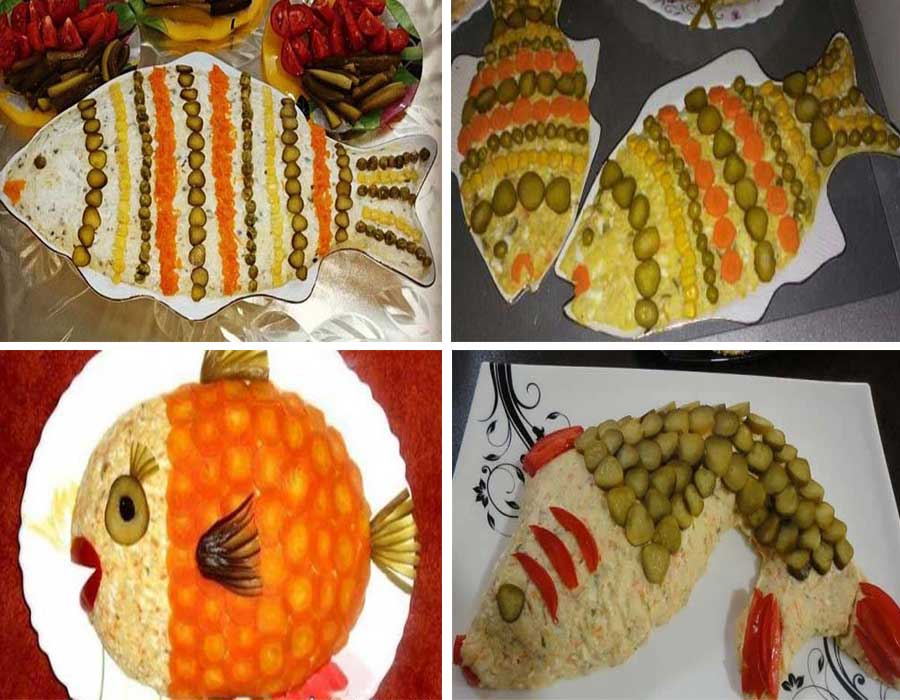 تزیین سالاد الویه به شکل ماهی و کفشدوزک و جوجه تیغی برای مهمانی و جشن تکلیف و تولد-مجلسی و شیک-تزیین الویه مرغ