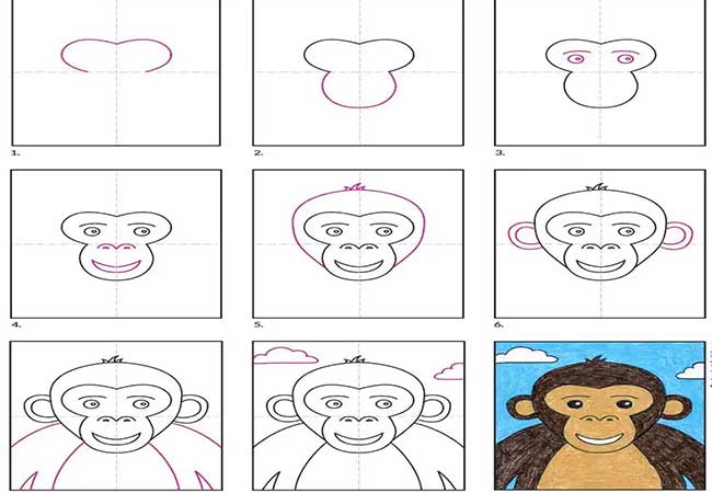 نقاشی شامپانزه به کودکان 5 ساله-آموزش نقاشی شامپانزه بازیگوش و شیطون به کودکان 8 ساله