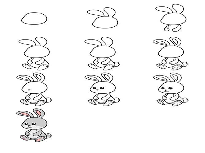 آموزش نقاشی خرگوش کودکانه کارتونی و بامزه-آموزش استپ بای استپ نقاشی خرگوش به کودکان-نقاشی ساده خرگوش