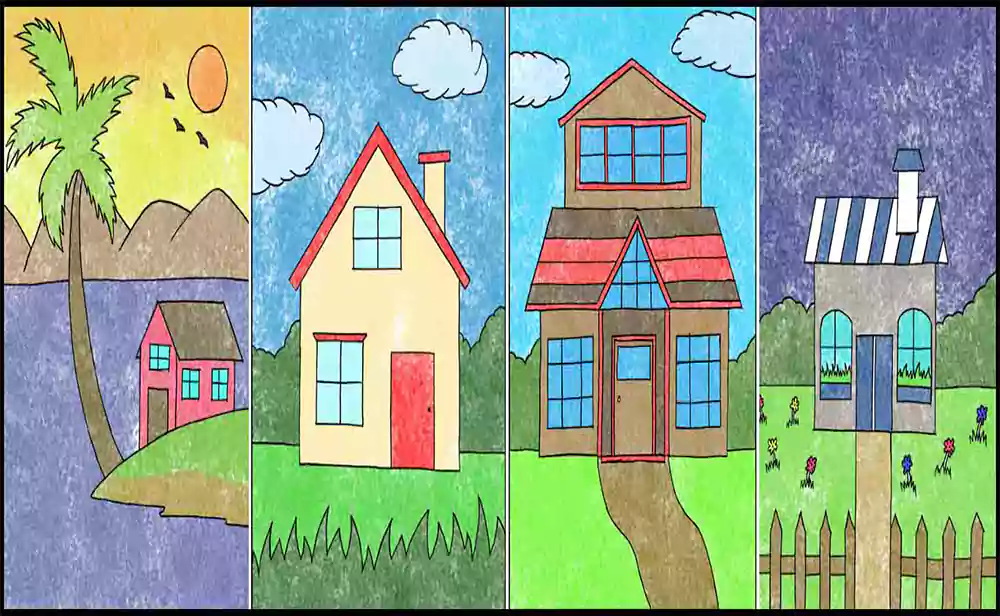 اموزش قدم به قدم نقاشی خانه به کودکان 11 ساله-آموزش راحت و ساده نقاشی خانه-آموزش کشیدن نقاشی خانه و رنگ آمیزی خانه