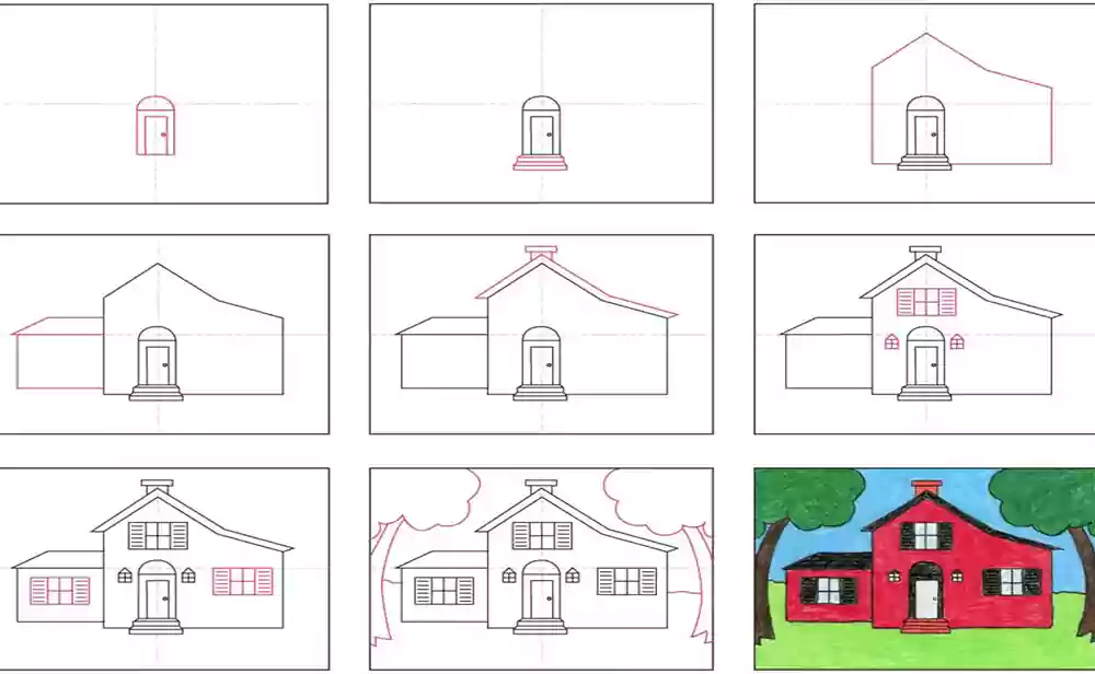 آموزش و نحوه کشیدن نقاشی تصویری خانه-آموزش راحت و ساده نقاشی خانه-آموزش نقاشی گام به گام خانه برای کودکان ۸ساله-نقاشی کودکانه خانه ساده