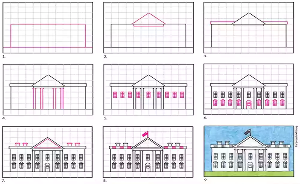 کشیدن نقاشی خانه سفید-آموزش تصویری کشیدن نقاشی کاخ سفید-آموزش کشیدن کاخ و خانه های بزرگ به کودکان