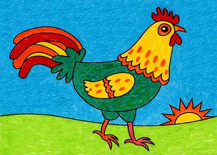 آموزش تصویری نقاشی خروس کودکانه کارتونی و بامزه