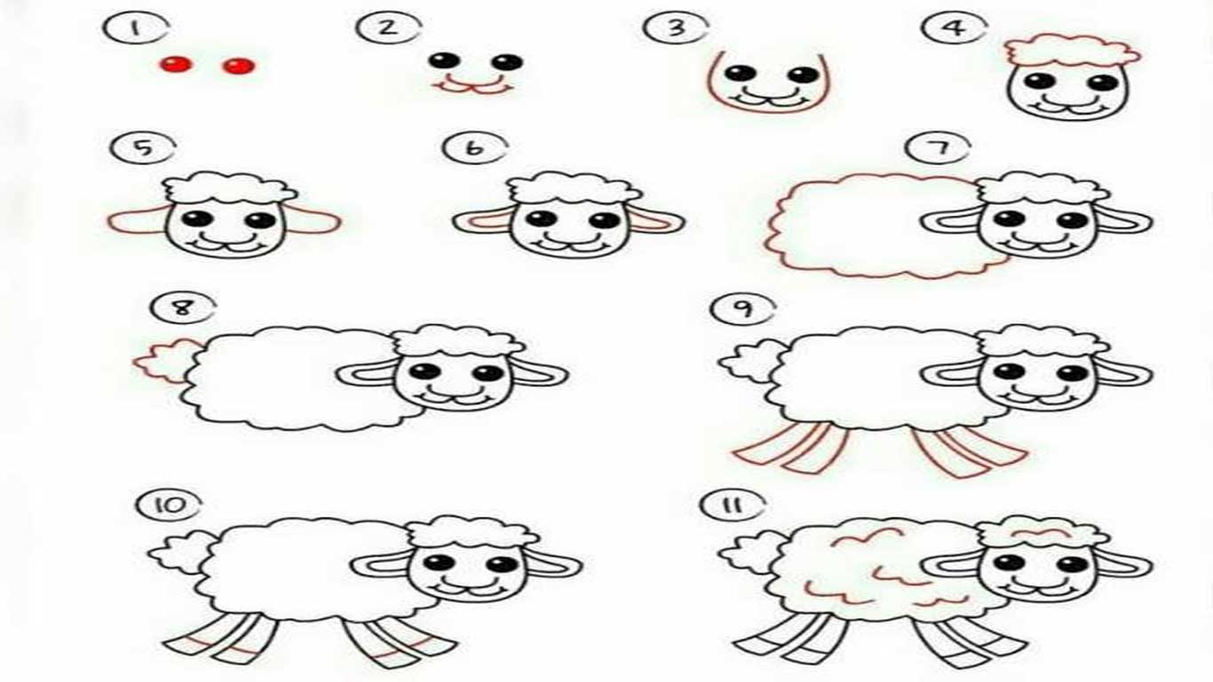 آموزش تصویری مرحله به مرحله نقاشی گوسفند-آموزش نقاشی تصویری گوسفند برای کودکان 10 ساله-اموزش ساده نقاشی