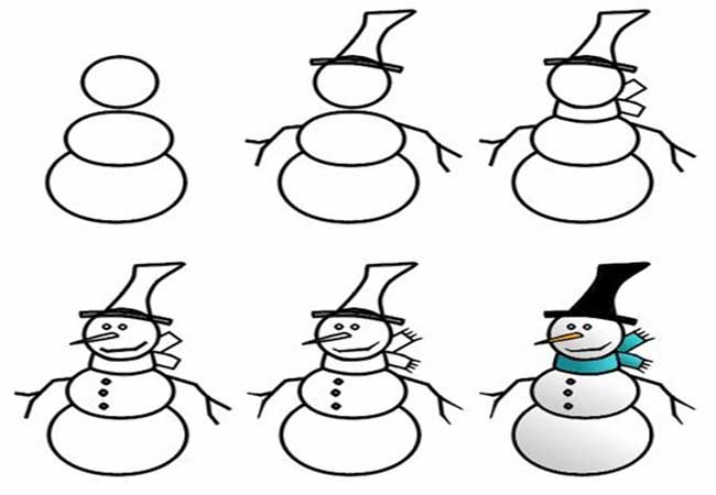 آموزش نقاشی آدم برفی برای پیش دبستانی ها-چگونه گام به گام یک آدم برفی بکشیم