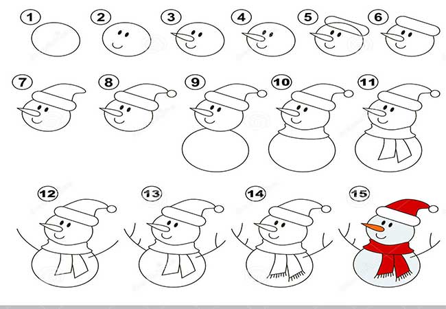 آموزش ساده نقاشی آدم برفی با کلاه و شال گردن-نقاشی آدم برفی با مداد-اموزش نقاشی آدم برفی به کودکان زیر 15 سال