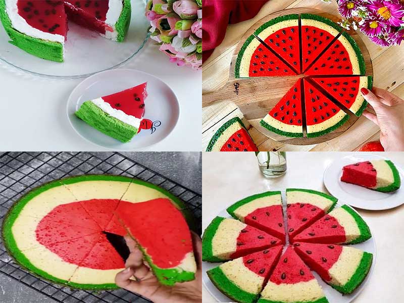 طرز تهیه "کیک هندوانه ای" بدون شیر و خامه-بدون فر-در فر-با پف زیاد-کیک شب یلدایی