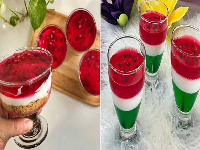 فیلم "طرز تهیه دسر لیوانی"-دسر یخچالی برای شب یلدا با بیسکویت و ژله به شکل هندوانه