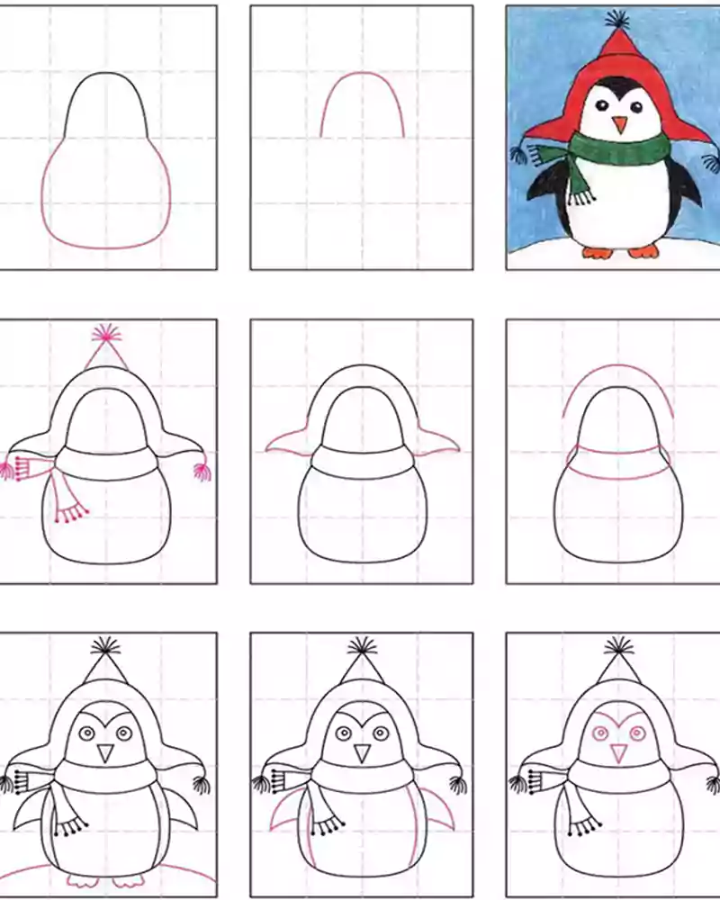 نقاشی پنگوئن با اشکال هندسی-نقاشی پنگوئن کودکانه با مداد رنگی-نقاشی پنگوئن فانتزی بامزه با شال گردن و کلاه